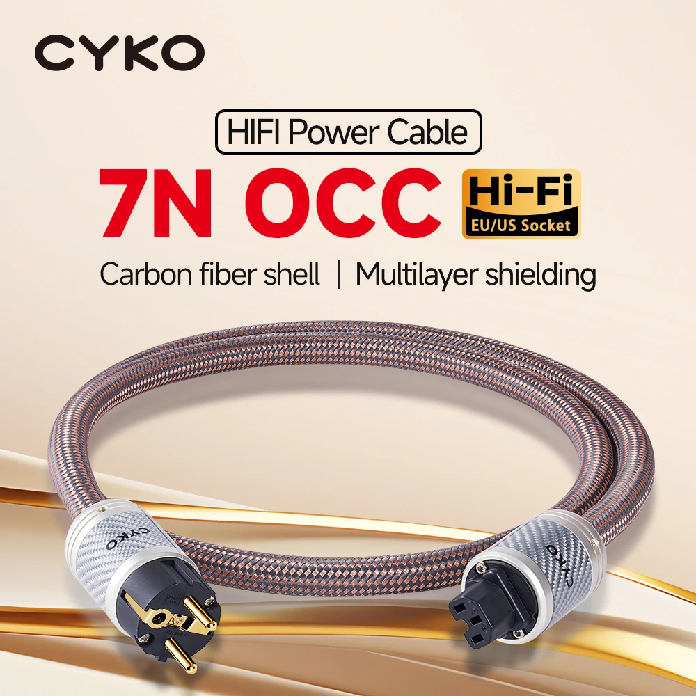 CYKO Power Cable Hifi 7N OCC Audio Cable Power Cord EU/US Vseries Double Shielded Carbon Fiber Shell Connecter Amplificateur