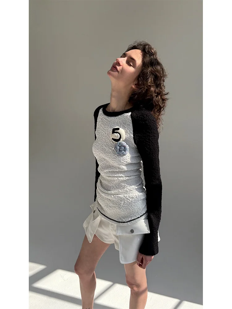 

Женская футболка приталенного кроя с оulder Sve Insertion с эластичной резинкой на талии, плиссированная цветная бровая конструкция, корейский Sle Long Sve rou...