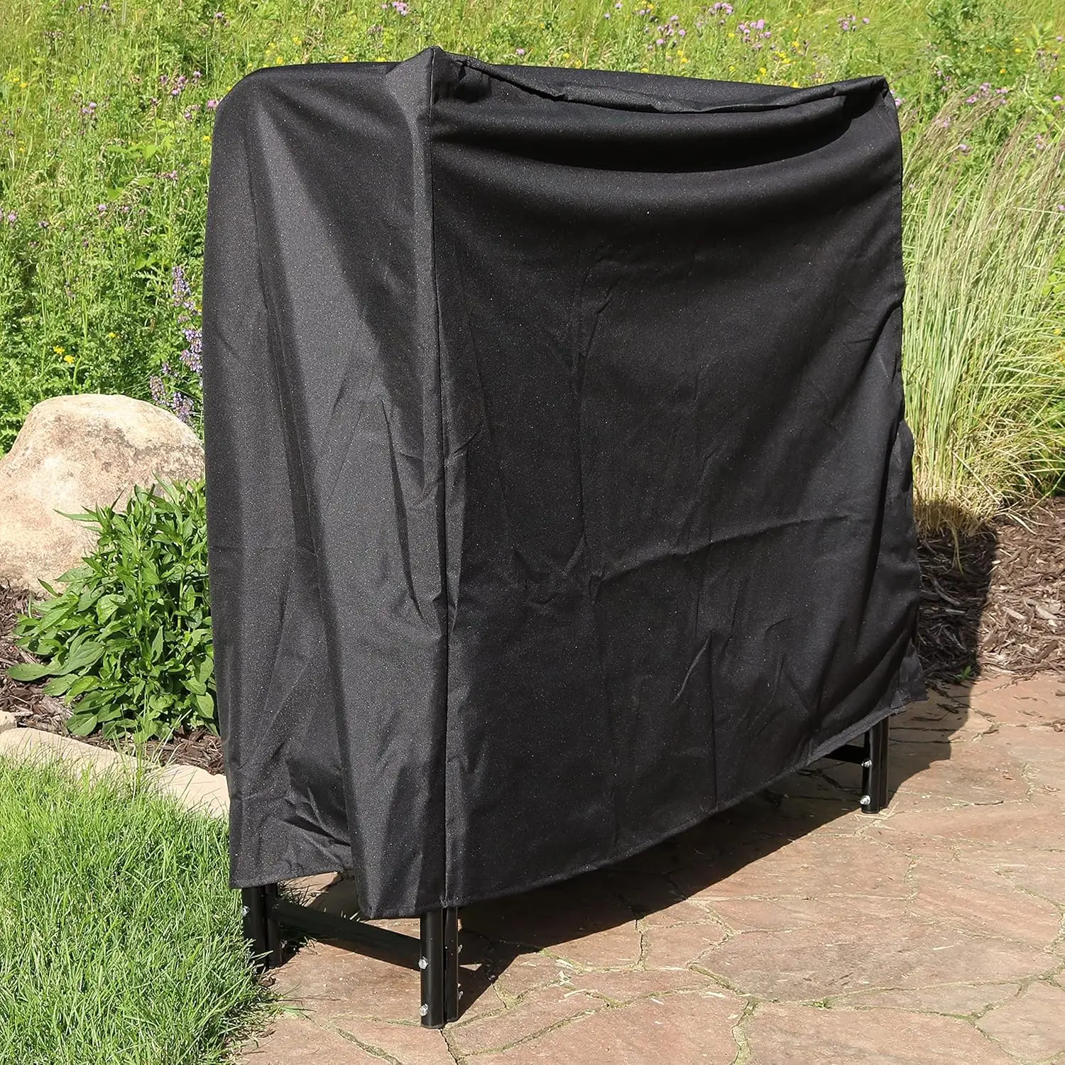 Outdoor Firewood Log Rack and Cover Combo Set - Black Powder-Coated Steel and PVC - Black Fabric - 4/8-Foot