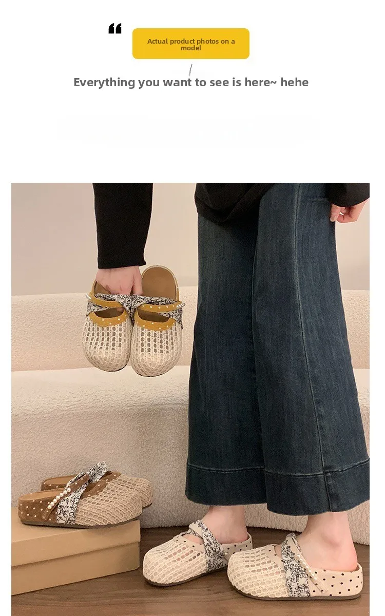 Atmungsaktive Mesh-Halbpantoffeln für Damen, Französische Polka-Dot-Perlen-Slip-On-Slides, Weiche Sohle, Geschlossene Zehenpartie, Geeignet für Breite Füße – Detail 6