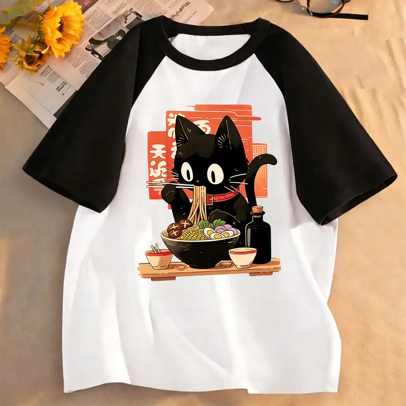 Anime Cat Eat Ramen Kawaii Design Prined T Shirts Kids Children's T-shirt Boys Girls Summer Spring Casual Top Tee