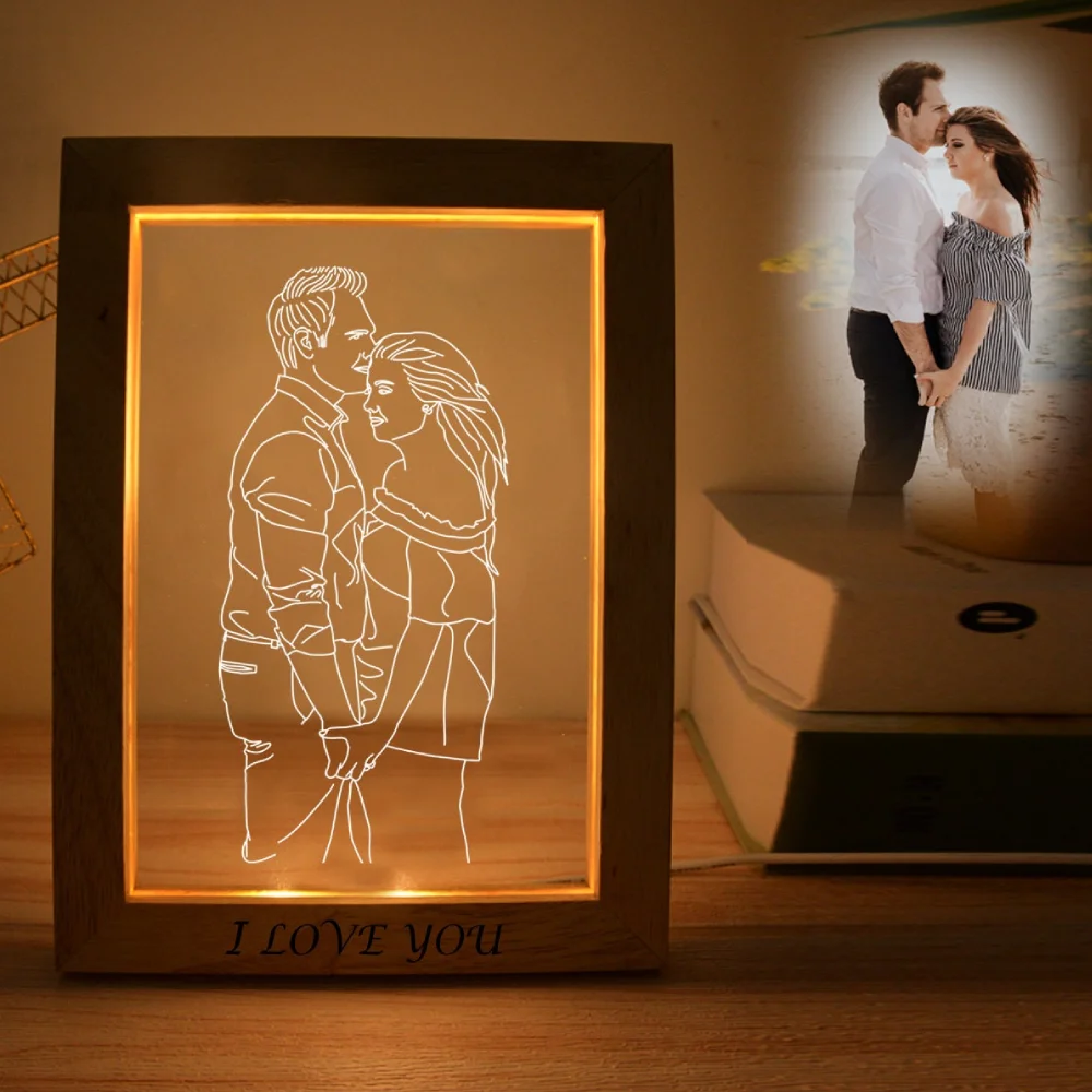 Personalized 3D Photo Frame Night Lamp Custom Couple Picture Frames Wooden Frame Unique Anniversary Wedding Christmas Gift