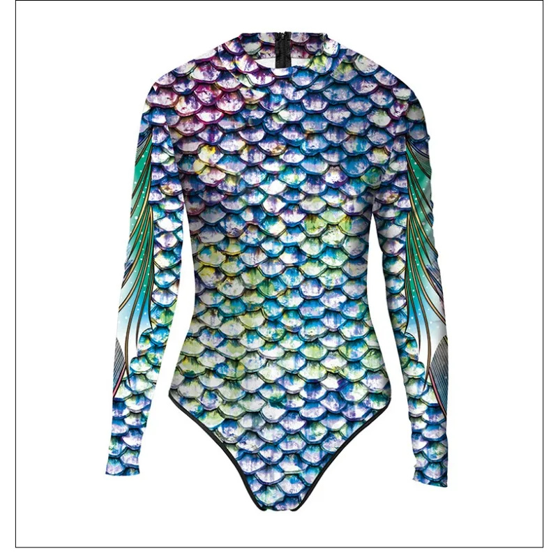 Women Summer New Mermaid Cosplay Costume 3d Digital Printing Fish Scales Ladies Long-sleeved One-piece Swimsuit Swim Body Suits