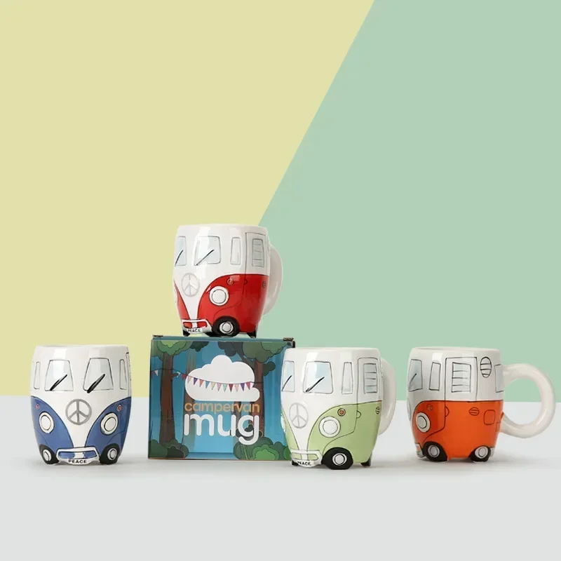 400ml Bus Mug Cute Cartoon Handcrafted Ceramic Bottle with Handle Hand-painted Children\'s Cup Milk Glass In The Shape of A Car