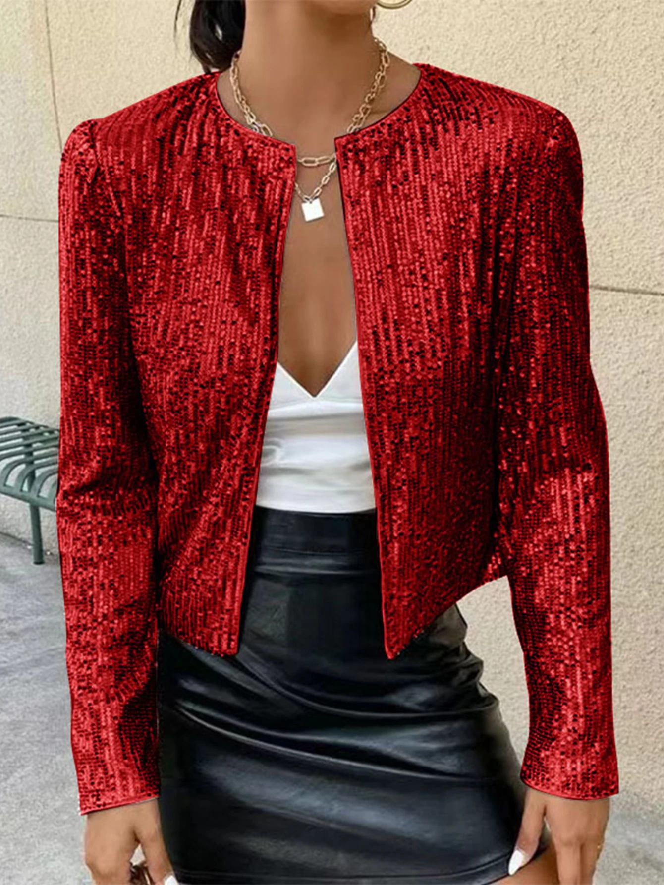 

Женская элегантная облегающая вечерняя куртка с длинным рукавом и круглым вырезом с блестками, модная осенняя верхняя одежда