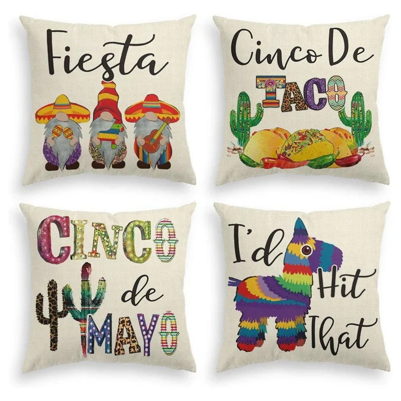 

Cinco De Mayo Fiesta Sombrero Gnome Throw Pillow Cover, 18 X 18 Inch Cactus Donkey Pinata Cushion Case For Sofa Couch