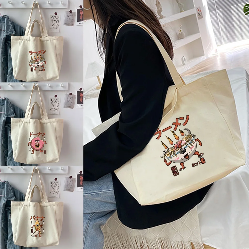 

Women Canvas Shoulder Bag Cute Monster Print Girl Casual Handbag Tote Bag Reusable Large Capacity Shopping Travel Work Pouch