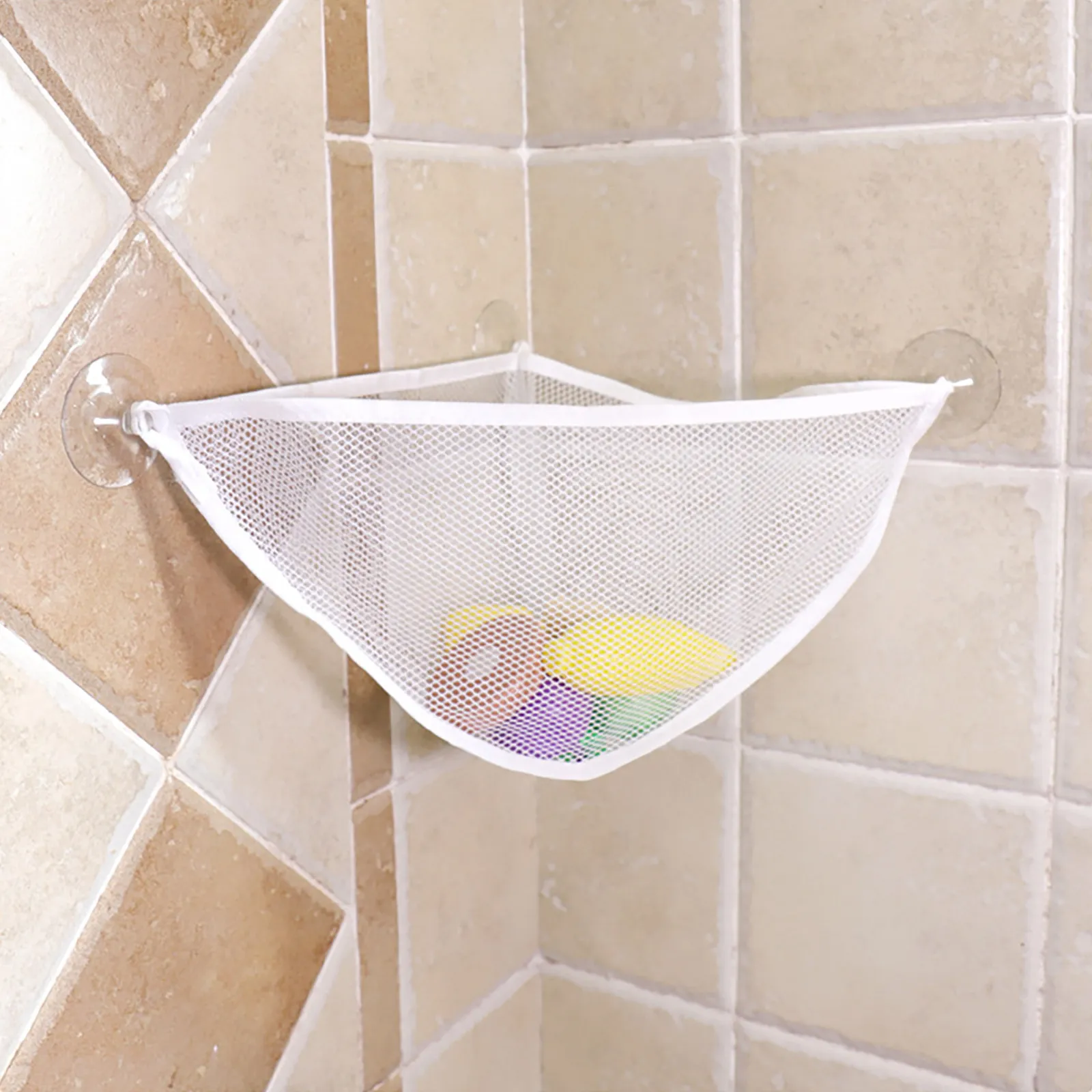Bath Storage Organizer Suction Cup Corner Mesh Bag Baby Bathing Supplies Holder Bathroom Hanging Bath Toy Storage