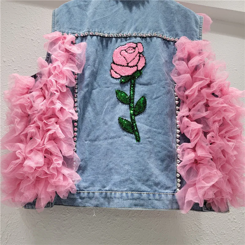 Fashion Rivet Sequin Flower Mesh Stitching Cowboy Vest Women Blue Casual Big Pocket Sleeveless Short Denim Coat Female Waistcoat