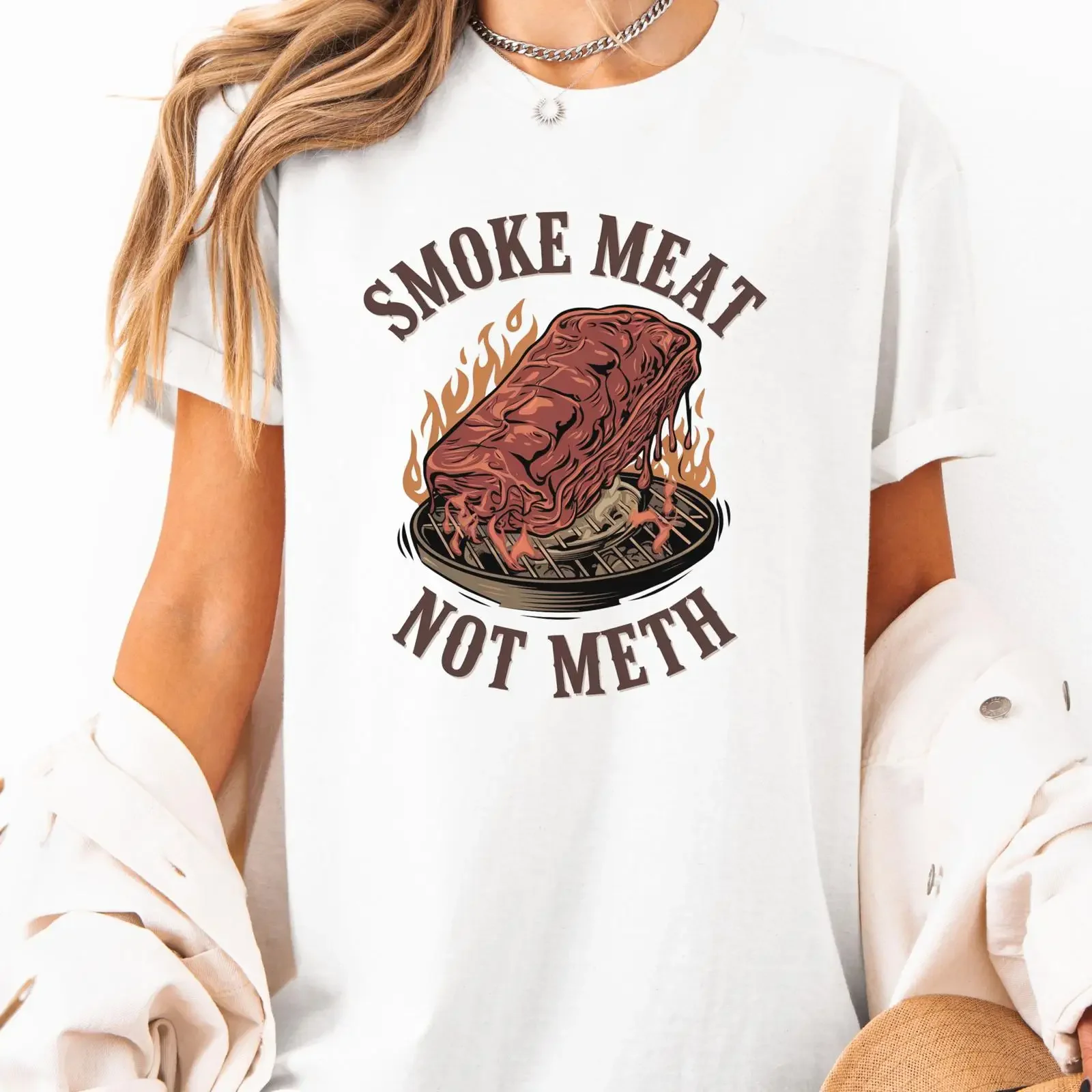 Smoke Meat Not Meth Funny BBQ Pitmaster T Shirt Barbecue Lover Grill Dad Smoker Cookout  vintage Washed Stretched Stylish homme