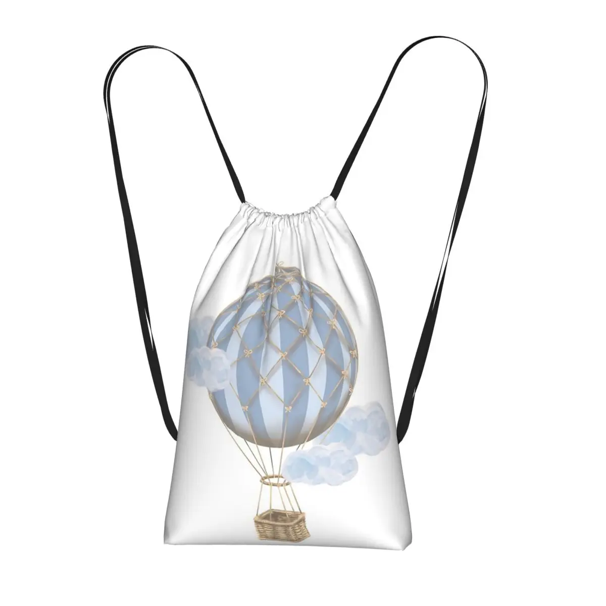 Blue Vintage Hot Air Balloon Drawstring Backpack hiking cycling Bag Lightweight Foldable Storage Drawstring Bag for Men Women