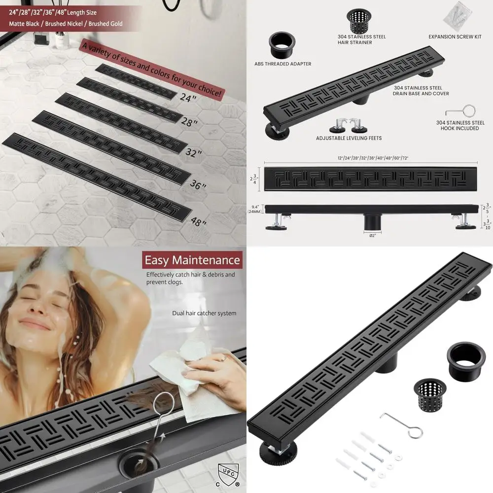 

36 Matte Black Linear Shower Drain, 304 Stainless Steel, Removable Grate, Easy Install & Clean
