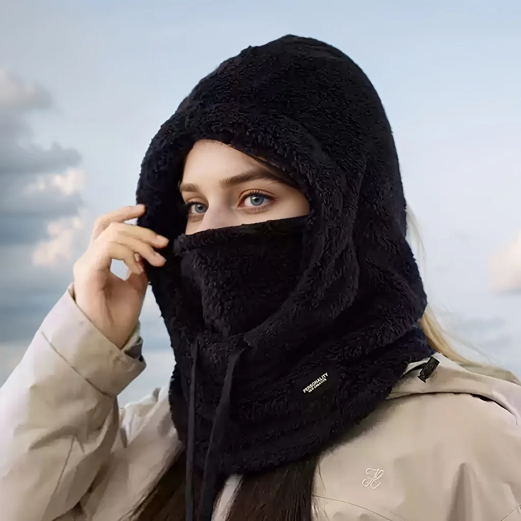 Women's Winter Cycling Warm and Plush Thick Face Mask with Integrated Scarf Hat, Windproof and Cold Proof Pullover Hat