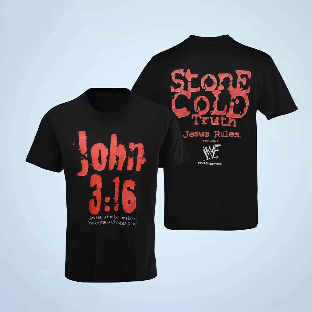 2025 الصيف الرجال المطبوعة المصارع المشهور ستيف أوستن الرجال المرأة عادية كم قصير طاقم الرقبة القطن المحملة