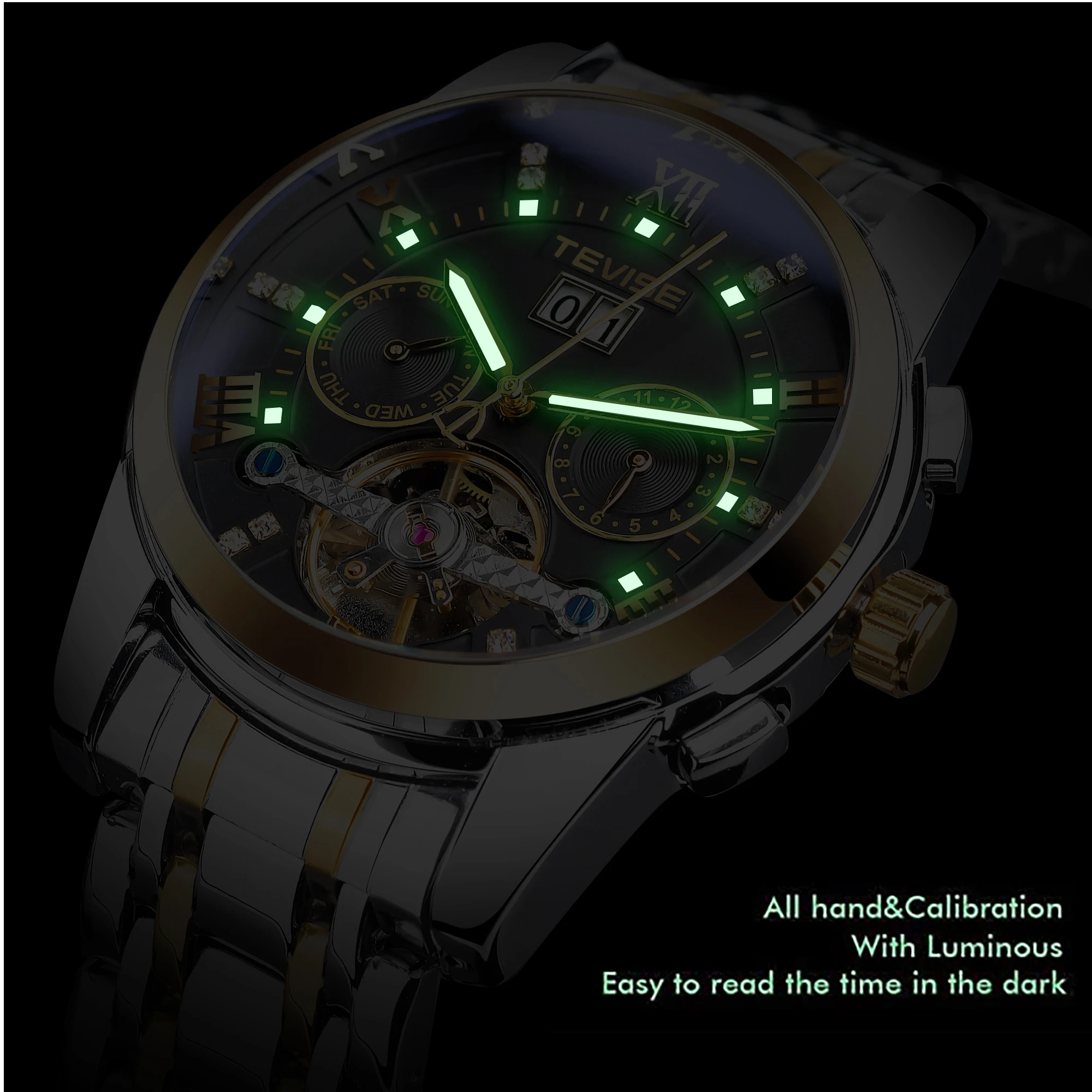 TEVISE Automatic Mechanical Men Watches Top Brand Luxury Diamond Gold Black Fashion Stainless Steel Belt Man Watch Waterproof