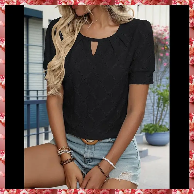 Damen-Oberteile, elegant, lässig, niedlich, hohl, bestickt, Blusen, Kurzarm-Shirts, Sommer-Outfits, trendig 2025,