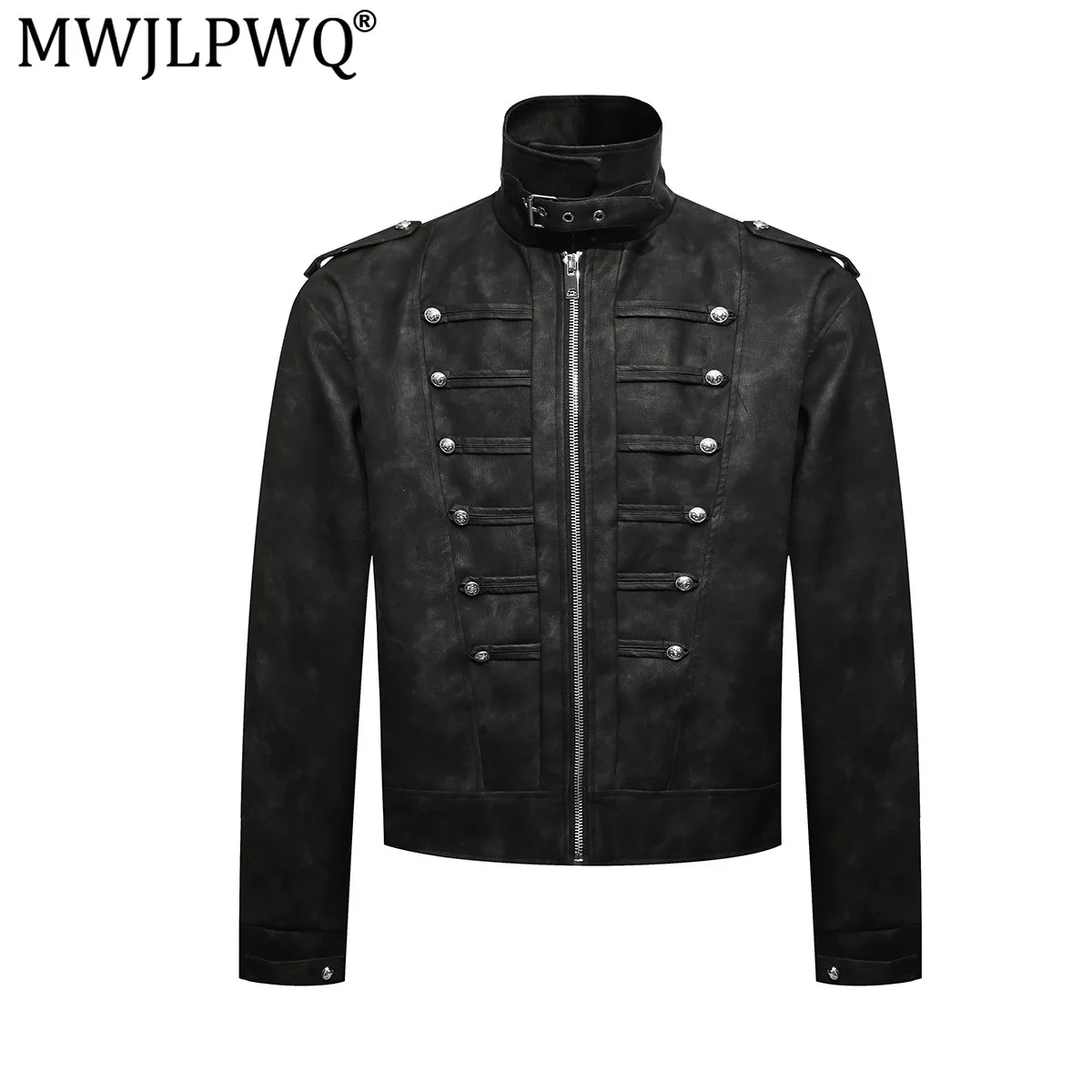 MWJLPWQ Punk Button Spliced PU Leather Motorcycle Jacket Men's American-Style Retro Straight-Cut Shoulders Stylish Tops 21294