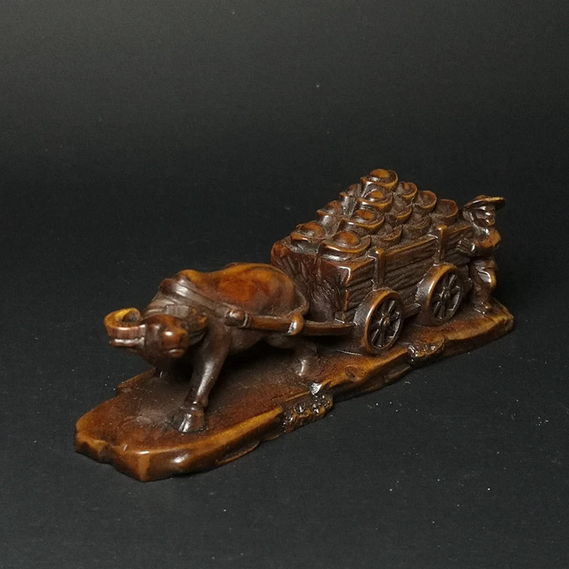 

YIZHU CULTUER ART Size 4.3 inch Old Chinese boxwood hand carved Pull the cart ingot cow ox old man statue table decoration Gift