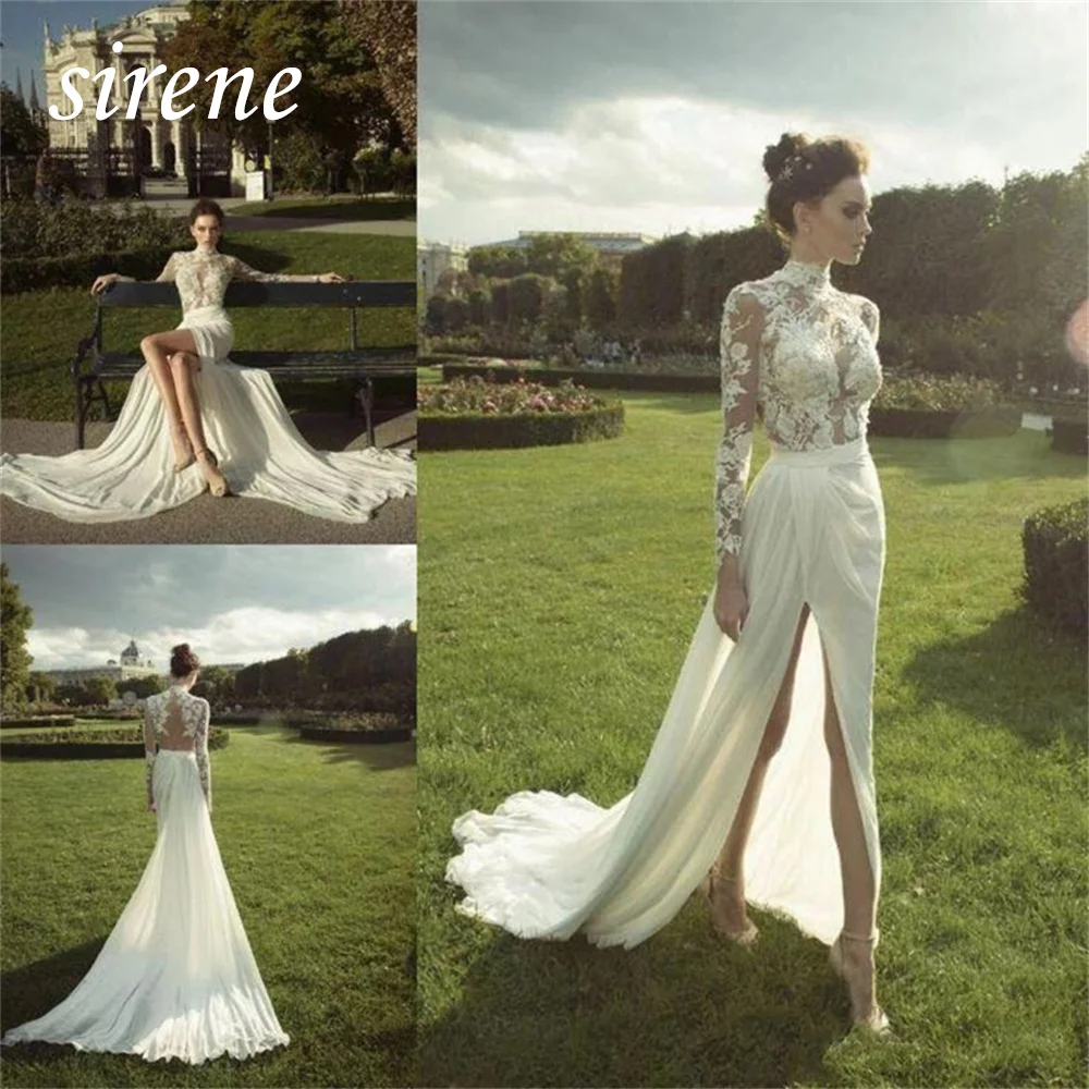 Sirene Elegant Long Sleeves Wedding Dress For Women O Neck Lace Appliques High Split Bride Gown A Line Simple Sweep Train