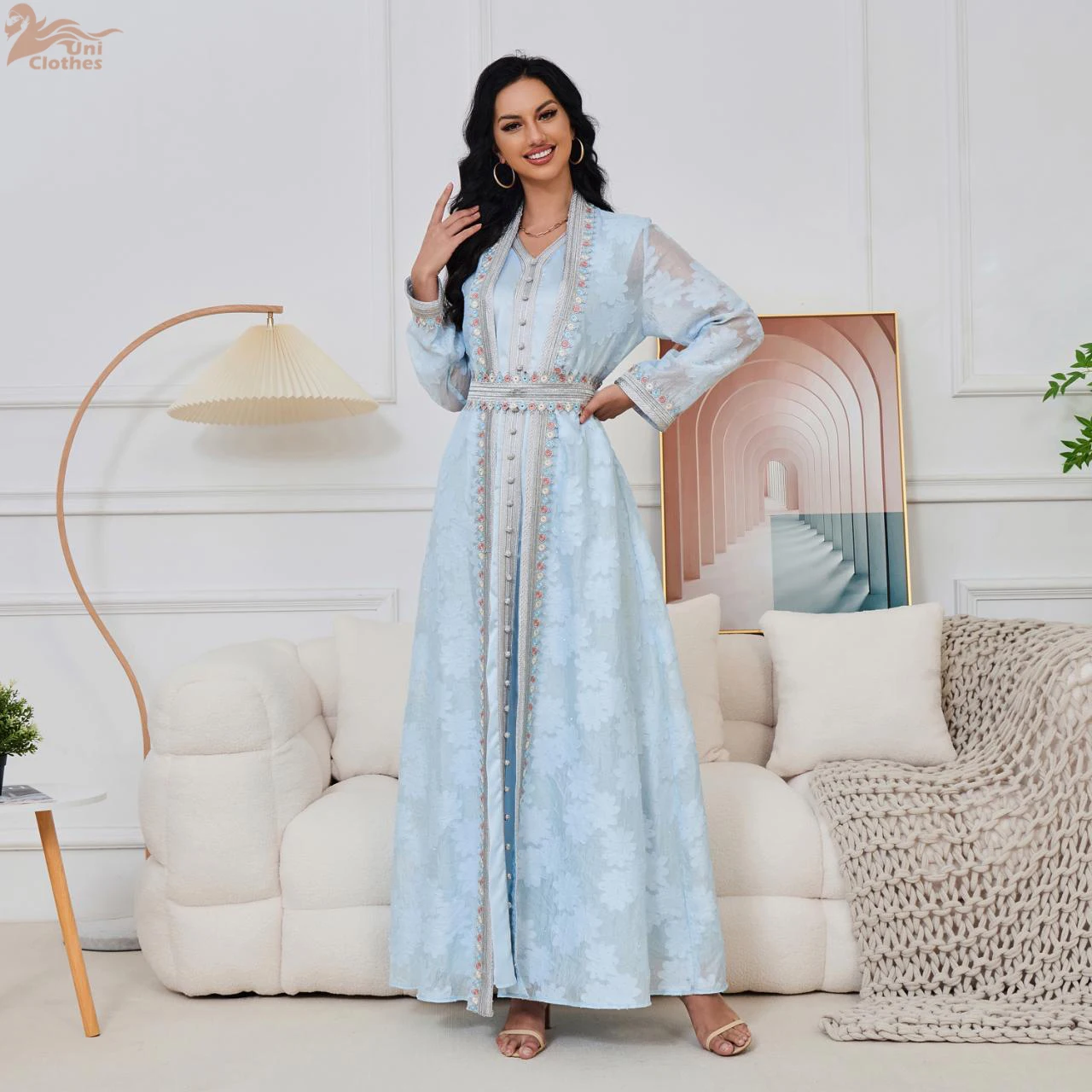 Eid Arab Muslim Party Dress Women Abaya with Inner Dress 2 Piece Set Jalabiya Morocco Kaftan Vestidos Dubai Ramadan Gown Robe