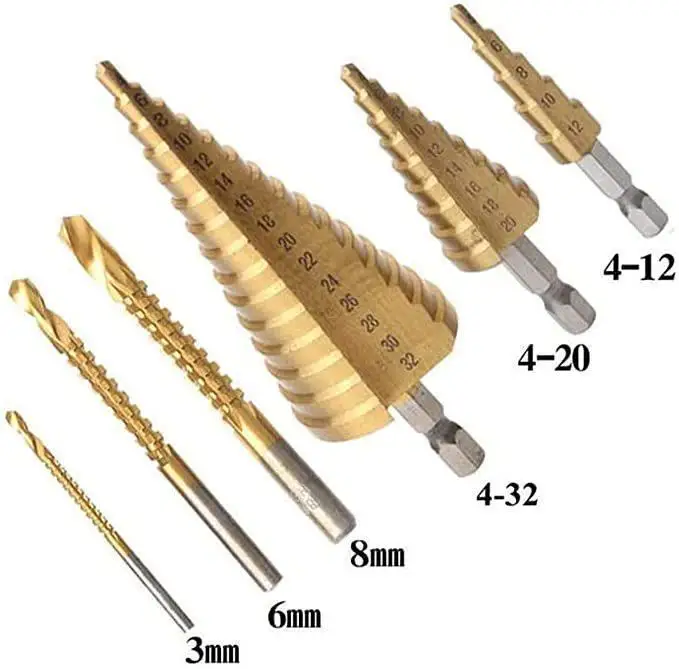 6/7Pcs Step Drill Bit Set Slot Center Punch Spiral Twist Saw Straight Groove Titanium Milling Cutter Broaching Hole Opener Tools