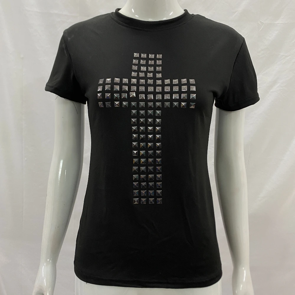 

Y2K summer fashion style new slimming American sexy spicy girl slim fit cross hot diamond round neck T-shirt women's top