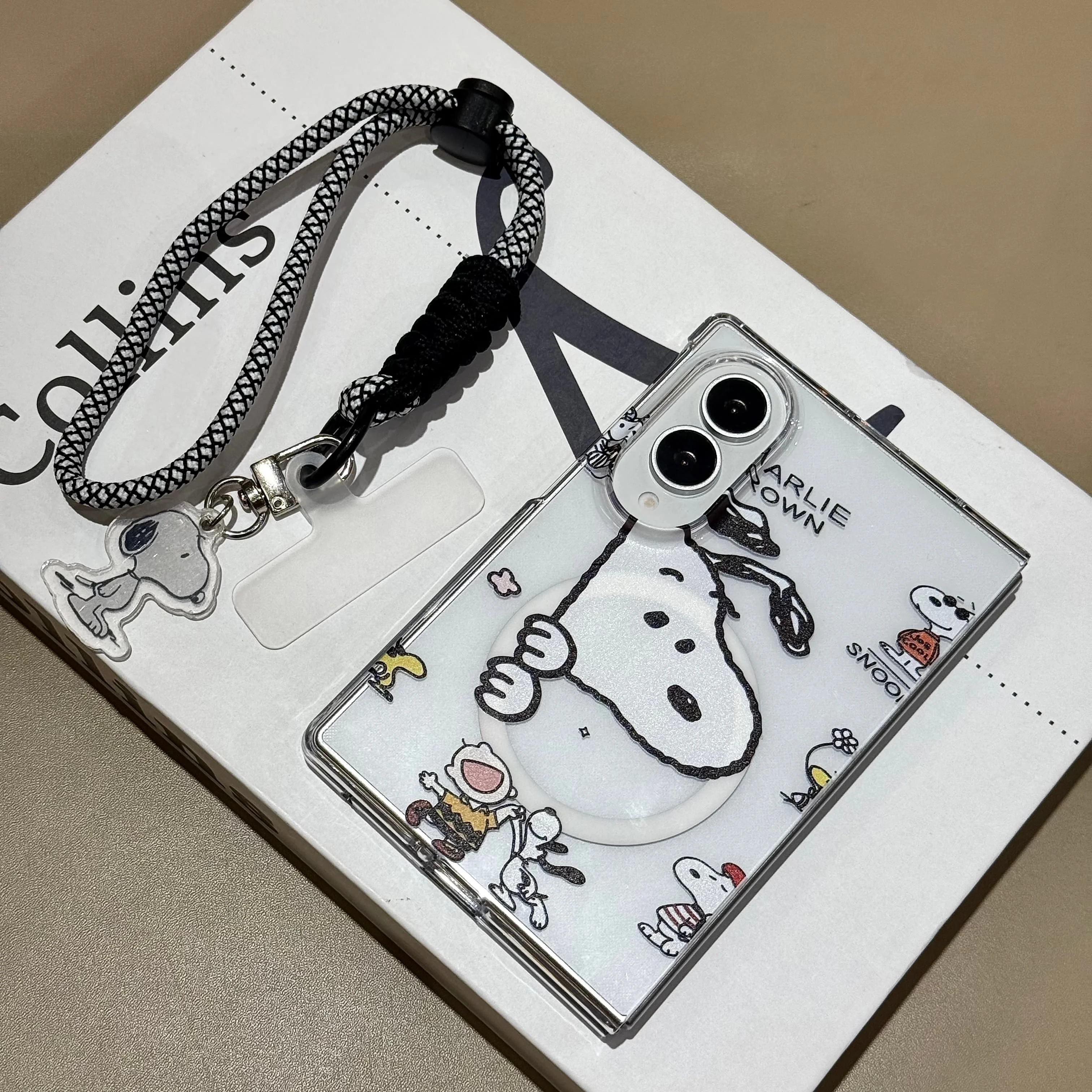 Fashion Cartoon White Dog Print Magnetic Phone Case For Samsung Galaxy Z Fold 8 7 6 5 4 Fold 8Ultra With Kawaii Stand Chain Case
