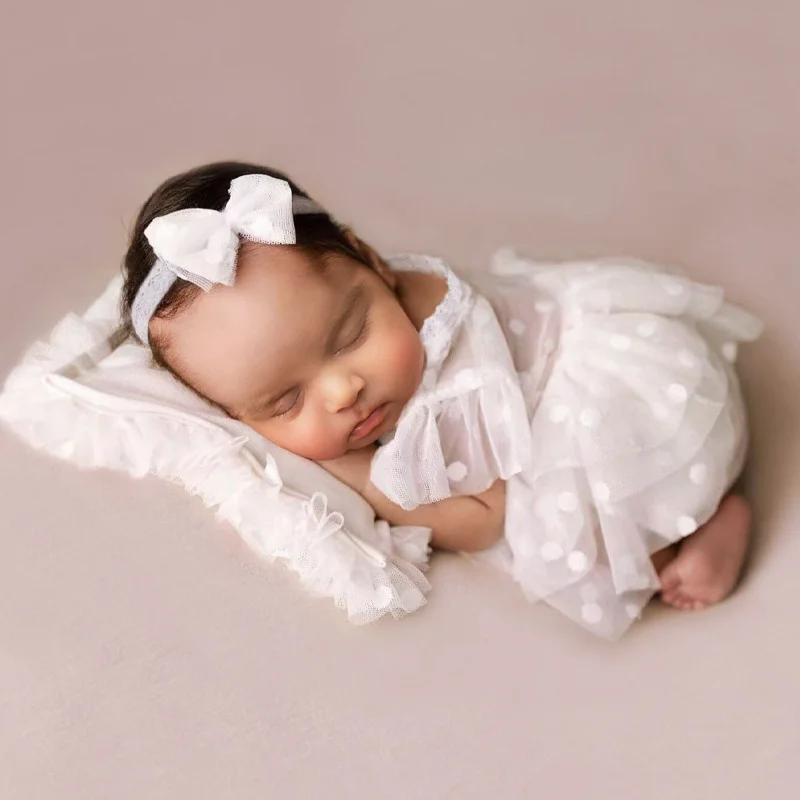 Ylsteed 3 Pieces Set Newborn Lace Romper with Posing Pillow Hairband Baby Girl Photography Outfits Infant Dot Mesh Dress