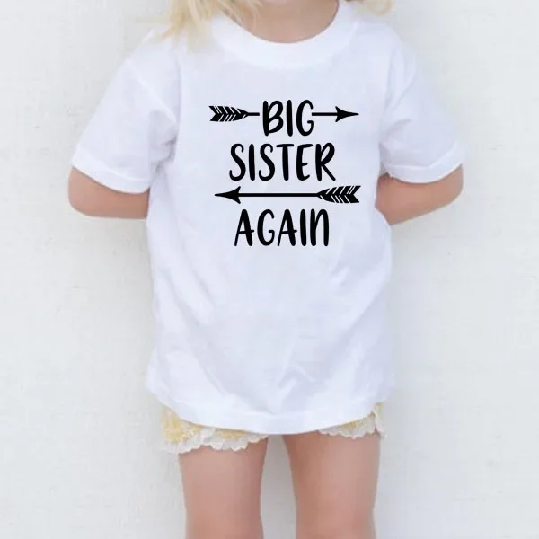 Big Sister Again Little Girl Fashion Funny Print T-shirt Kids Summer O-Neck Tops Boys & Girls Tshirt Casual White Tops Tees