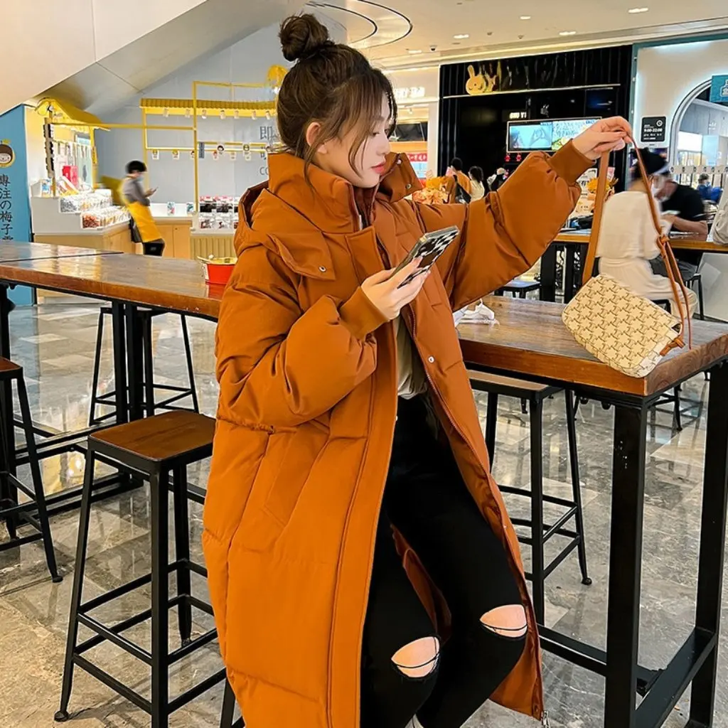 

Women's Korean-Style Mid-Length Over-The-Knee down Cotton-Padded Jacket Winter Thickened Hooded Loose Fit Real Shot