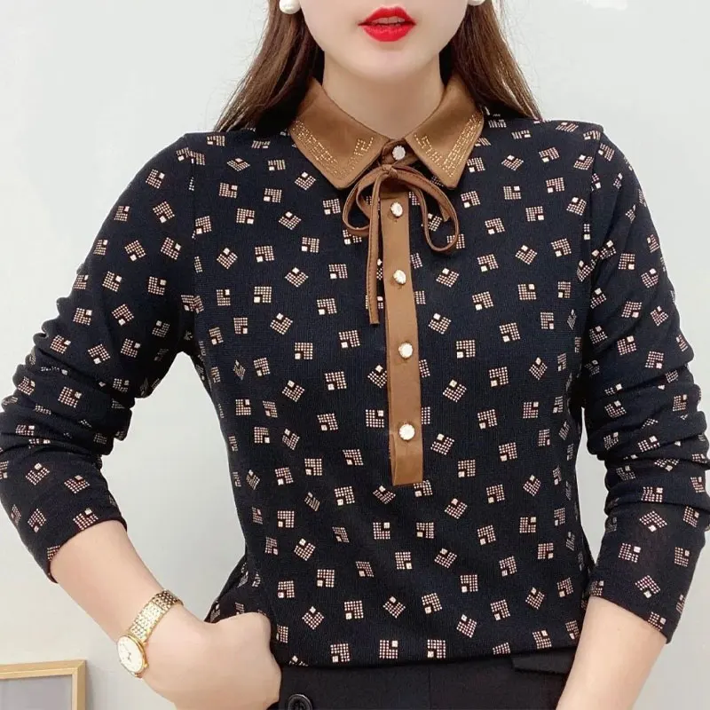 Vintage Peter Pan Collar Chic Diamonds Blouse Spring Autumn Plaid Printed Stylish Button Long Sleeve Female Loose Elegant Shirt