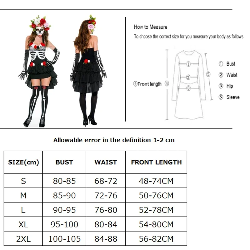 Kostum Kerangka Pengantin Mayat Halloween Karnaval Wanita Pakaian Hari Orang Mati Meksiko Gaun Pesta Mewah Cosplay MN1