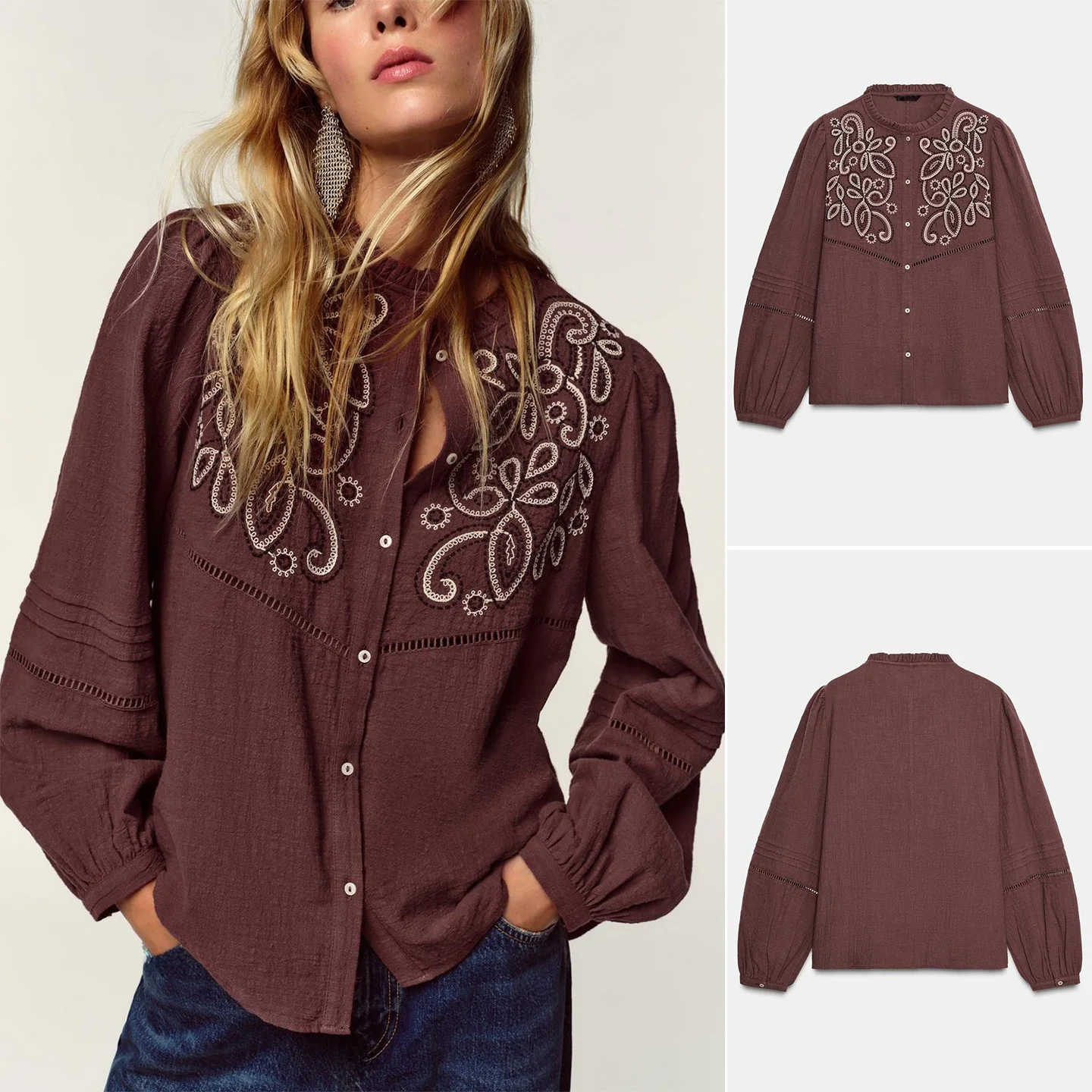 جديد الخريف المرأة irt الطبقات الزخرفية اللون بلو التطريز الأعلى الفرنسية Sle فضفاضة تناسب طويلة Sve الجلد ودية التنفس...