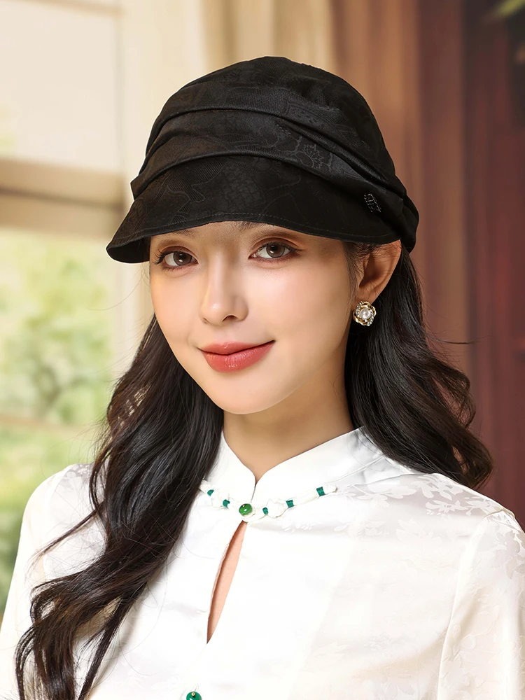 sun-protection-silk-hat-floral-tussah-silk-duckbill-cap-adjustable-round-top-sunshade-women's-fashion-accessory-for-mother's-day