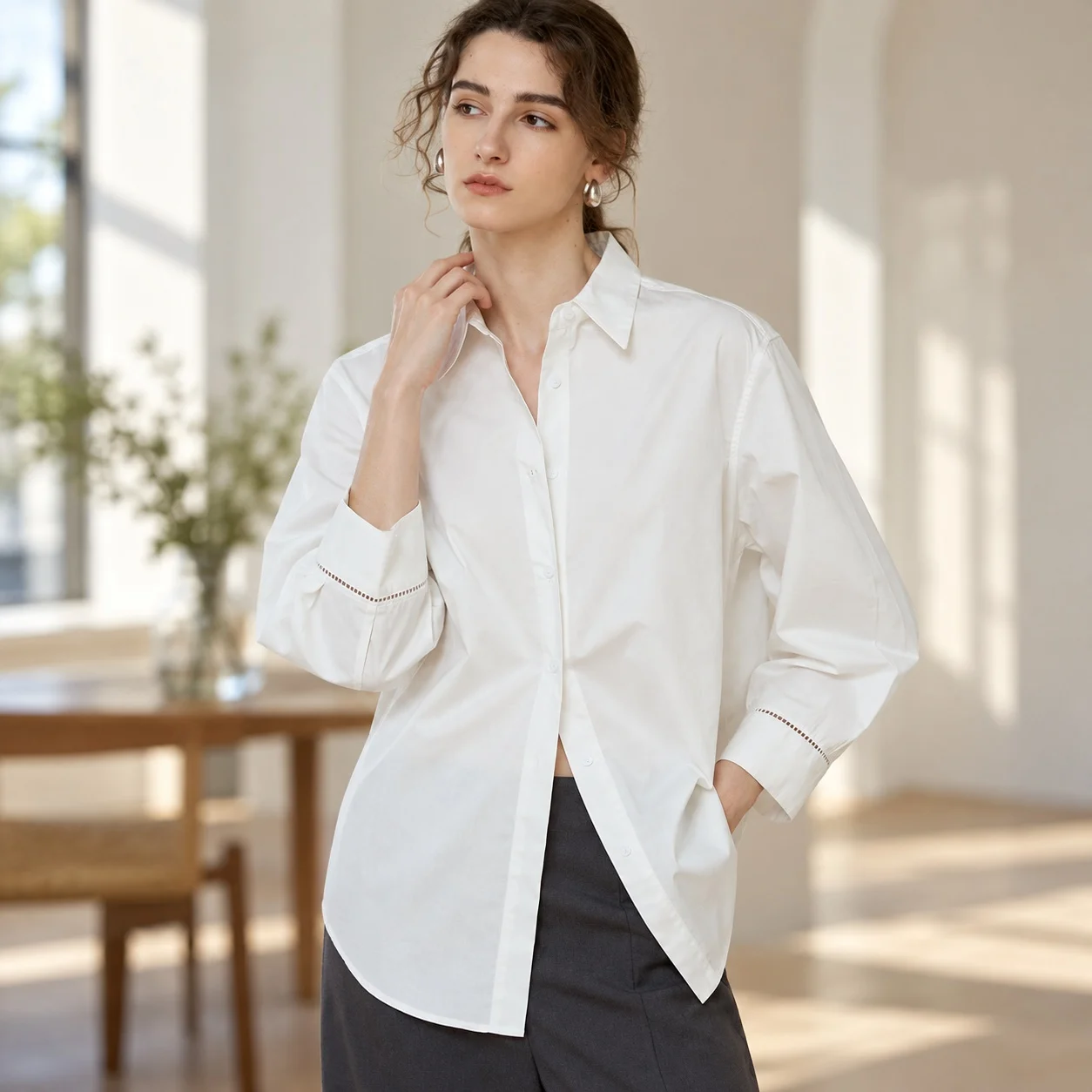 Long Sleeve Loose Fit Shirt with Elegant Chic Midi Length No Stretch Shirt Collar Commuter Chic Patchwork Autumn Women Blouse