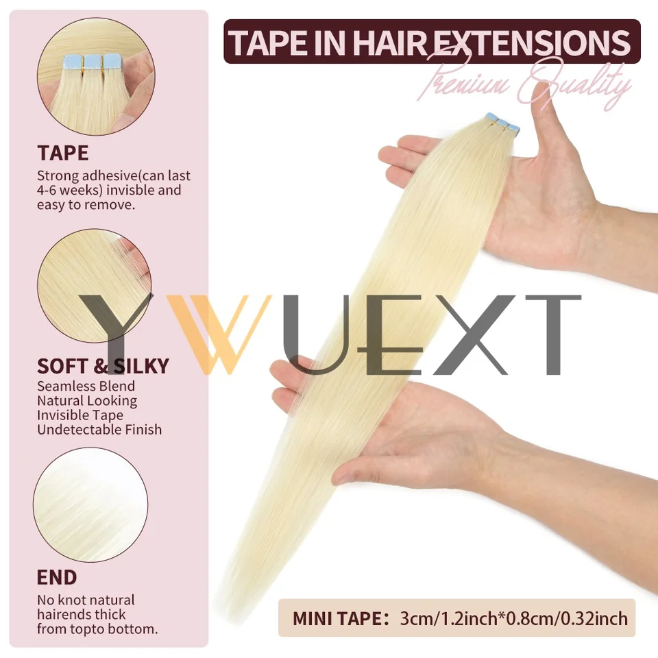 10 piezas/paquete Mini Extensiones de Cabello con Cinta, 12" 16" 20" Cabello Humano Real, Negro con Mechas Rubias, Invisible Skin Weft, No-Remy, Extensiones con Cinta 3