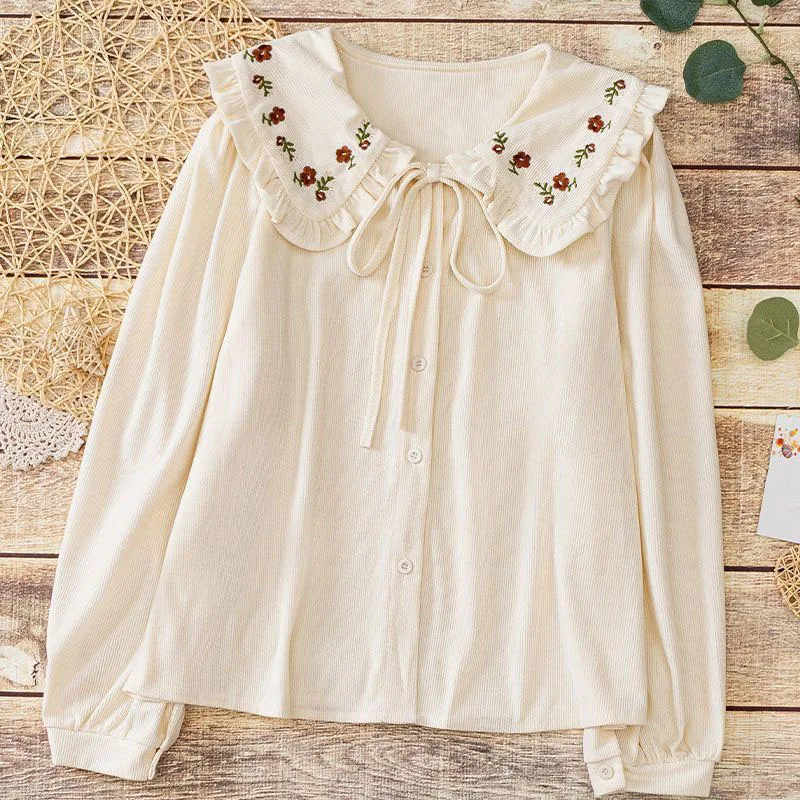 Japanese Style Sweet Embroidery Shirt Women Lace-up Peter Pan Collar Shirts Woman Vintage All-match School Student Blouses Girls