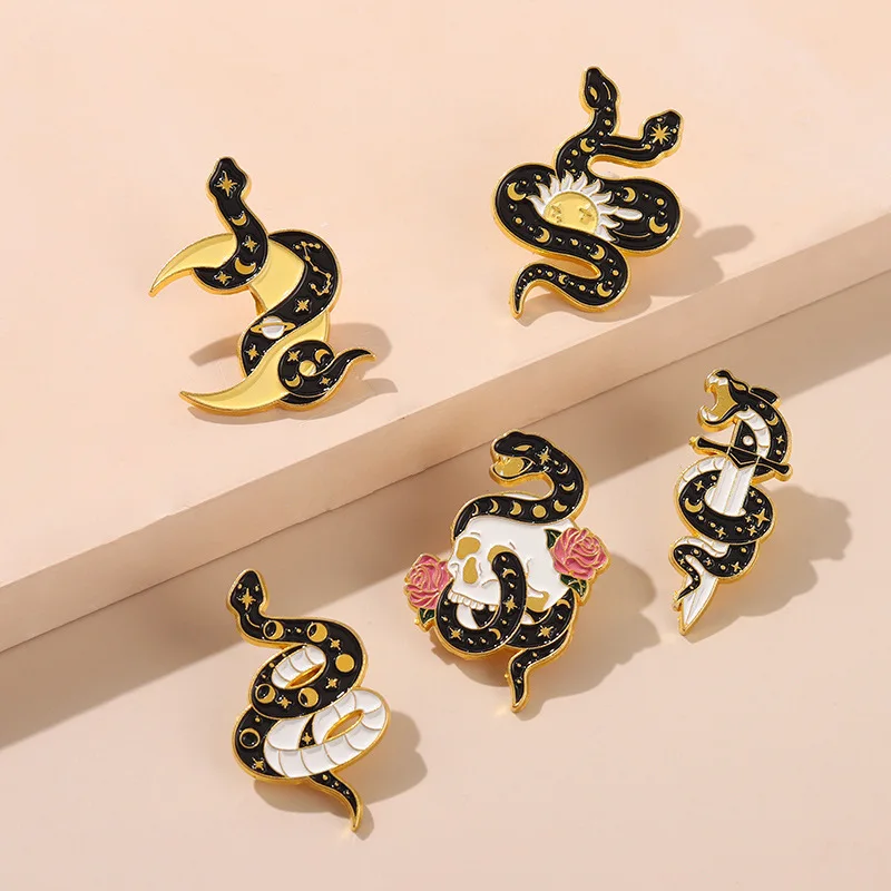 5Style Snake Enamel Pins Sun Flowers Moon  Brooch Lapel Badge Bag Cartoon Gothic Jewelry Gift for Kid Friend