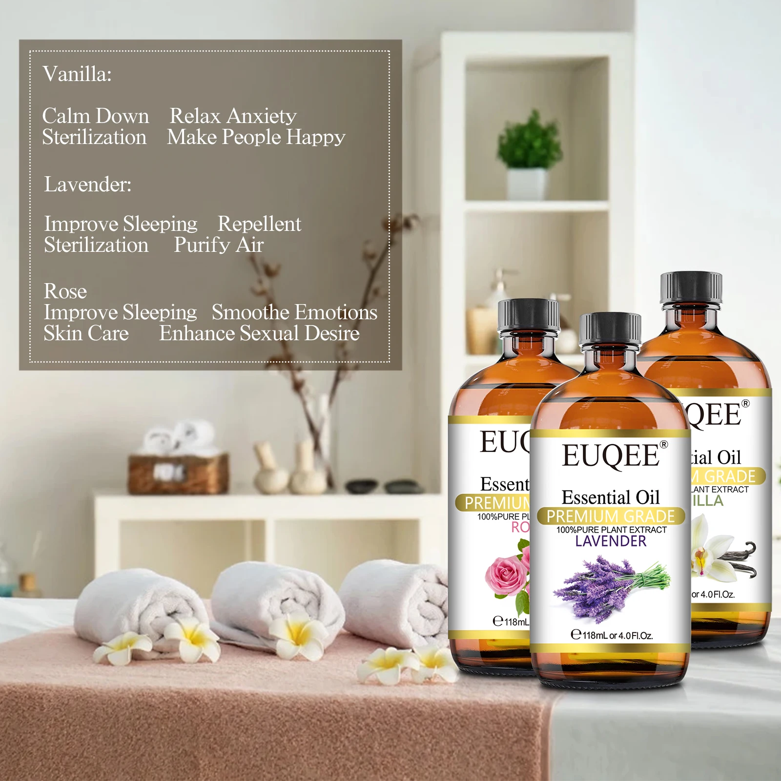 EUQEE 118ML Lavender Jasmine Eucalyptus Vanilla Peppermint Essential Oils with Glass Dropper|Aromatherapy, Humidifier,DIY Soap