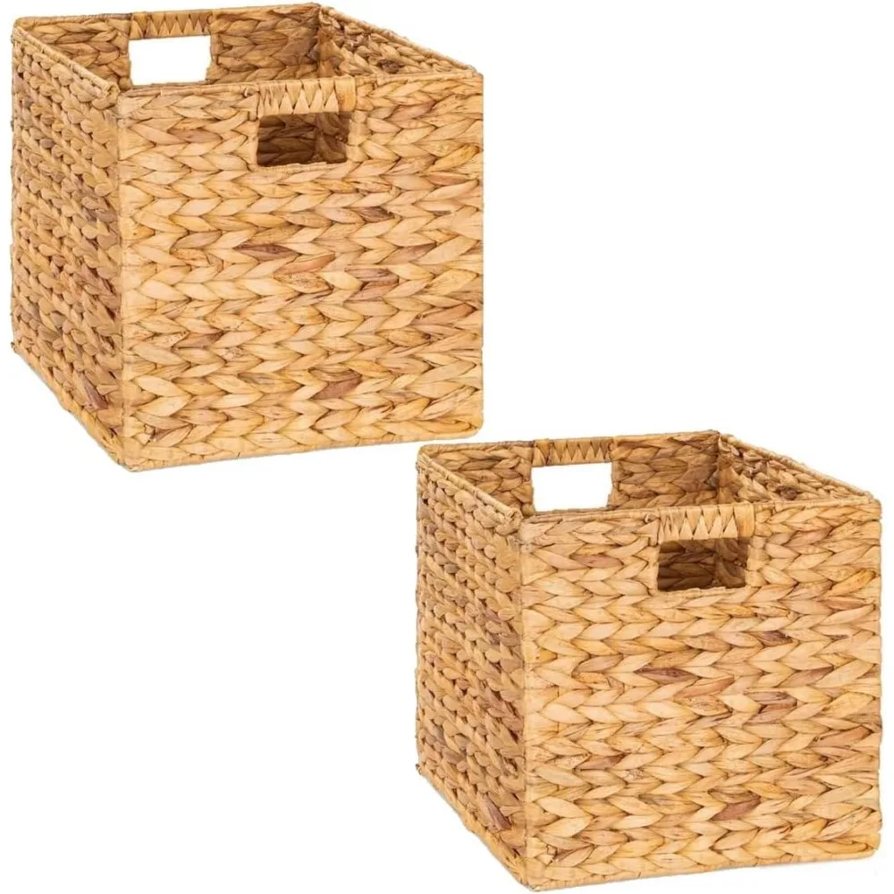 

Кубики для хранения из натуральной плетеной ткани 10,5 дюймов, квадратные корзины из 2 предметов для полок, складной органайзер