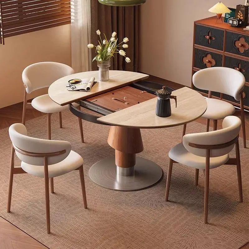 Retractable dining table Folding variable round table Round travertine rock slab Solid wood