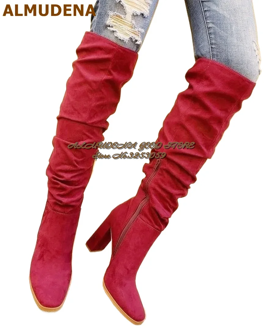 ALMUDENA Wine Red Suede Square Heel Pleated Knee High Boots Burgundy Elegant Zipped Folded Tall Boots Fall Winter Dress Shoes