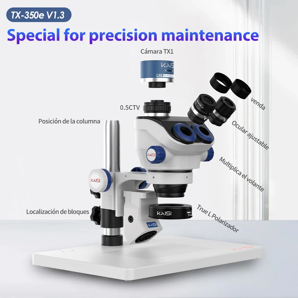 KAISI TX-350e V1.3 Trinocular Microscope Kit 4K 1080P HDMI USB Video Camera 3.5X-90X Continuous Zoom Stereo Microscope 0.5 CTV