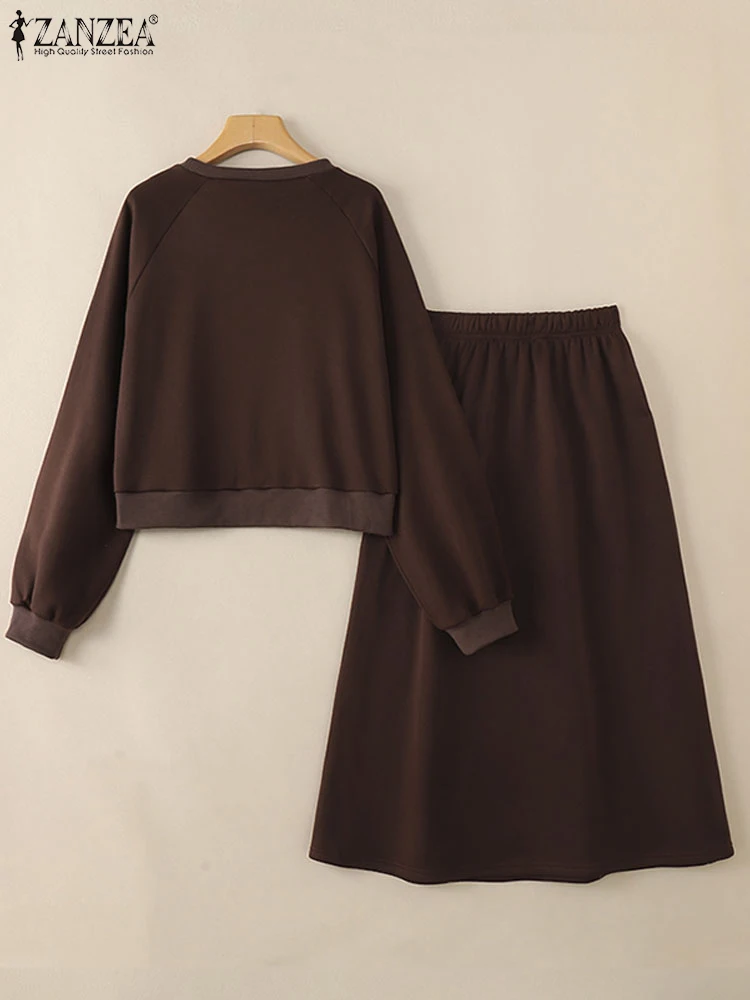 잔제아 여성 패션 드레스 세트 가을 캐주얼 투피스 세트 긴팔 상의와 하이웨이스트 롱 스커트 세트 솔리드 루즈 트랙슈트