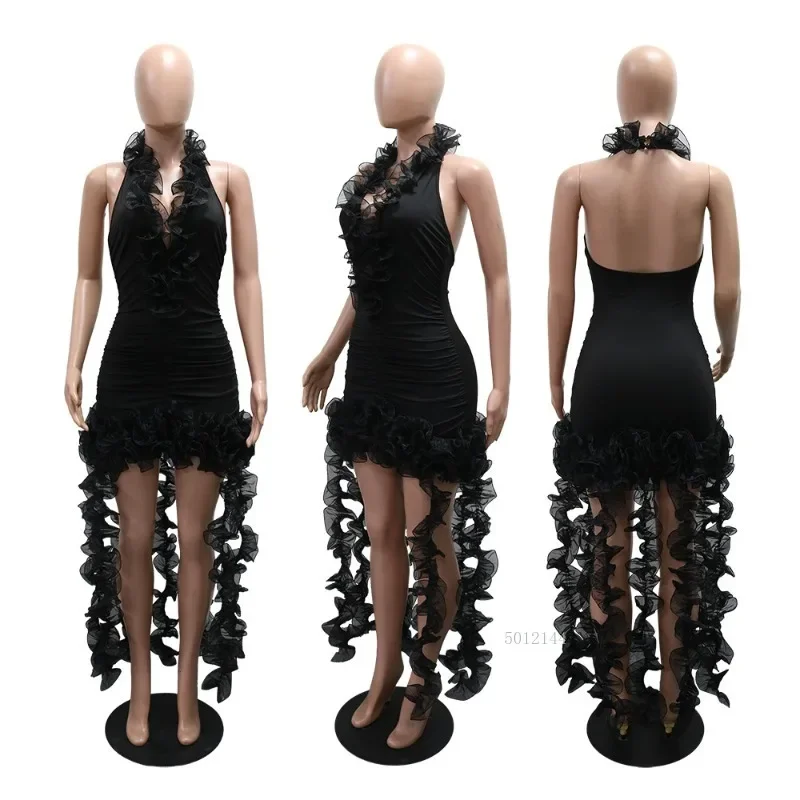 مثير المرقعة غير النظامية الكشكشة فستان طويل للنساء الرسن أكمام عالية الخصر تقسم سستة Bodycon فساتين الإناث جديد