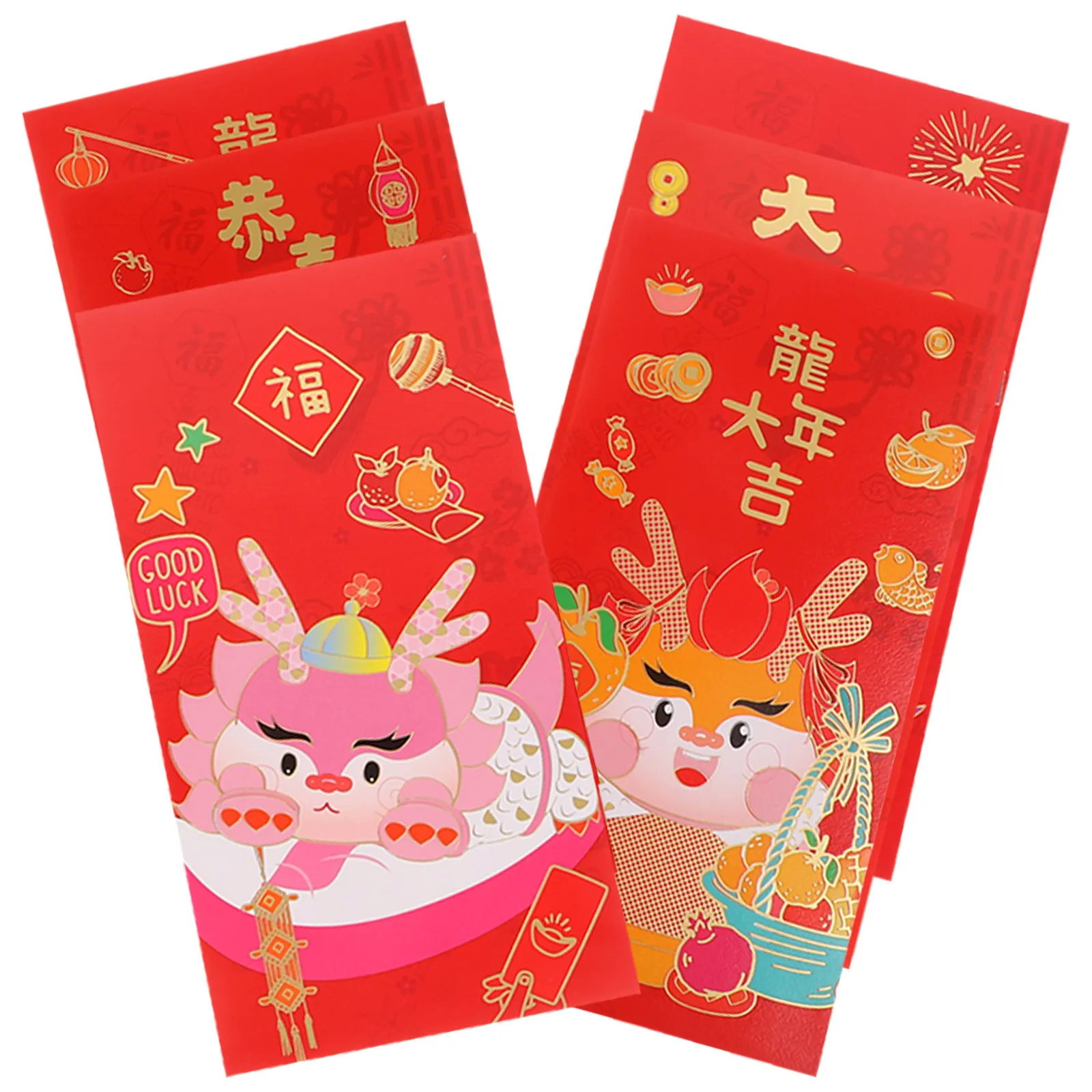 

6pcs Chinese Style Dragon Design Envelopes Sturdy Paper Packets Lunar New Year 2024 Festival Lucky Money Envelopes Cartoon
