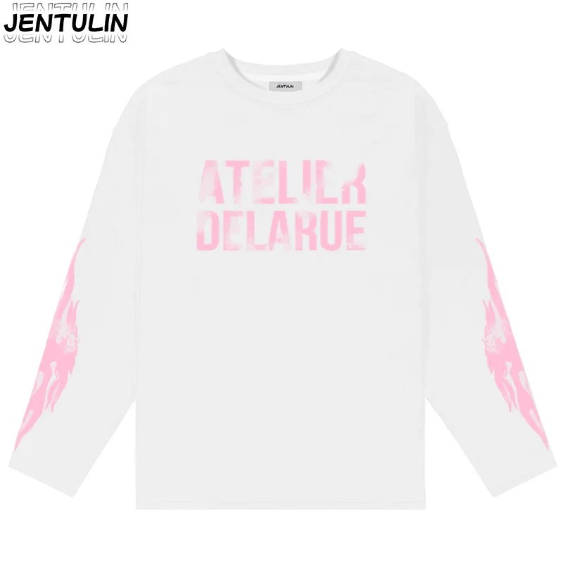 Y2K Harajuku Retro Niche Long Sleeve Print Letter Flame Tops New Fashion Casual Comfortable Streetwear Unisex Oversized Clothes
