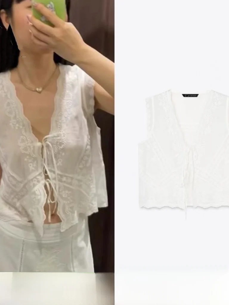 

Sweet And Spicy Loose Casual See tough Embroidered Cotton Blend irt V Ne Svel Top Women's Summer Faion 2025