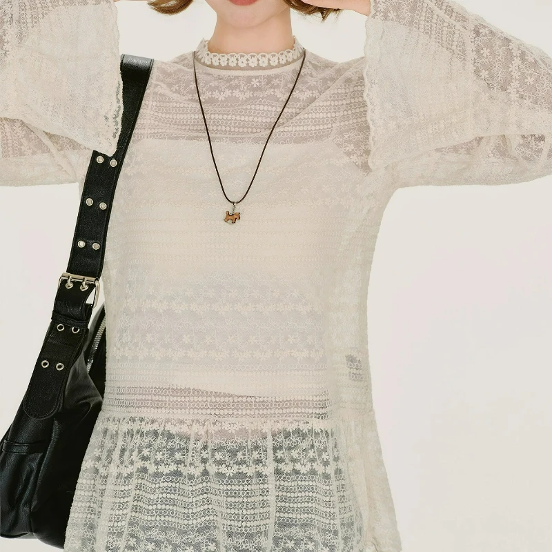 White Stand-up Collar Lace Women's Long-sleeved Bottoming Shirt 2026 Autumn New American Retro Design Versatile T-shirt Ladies