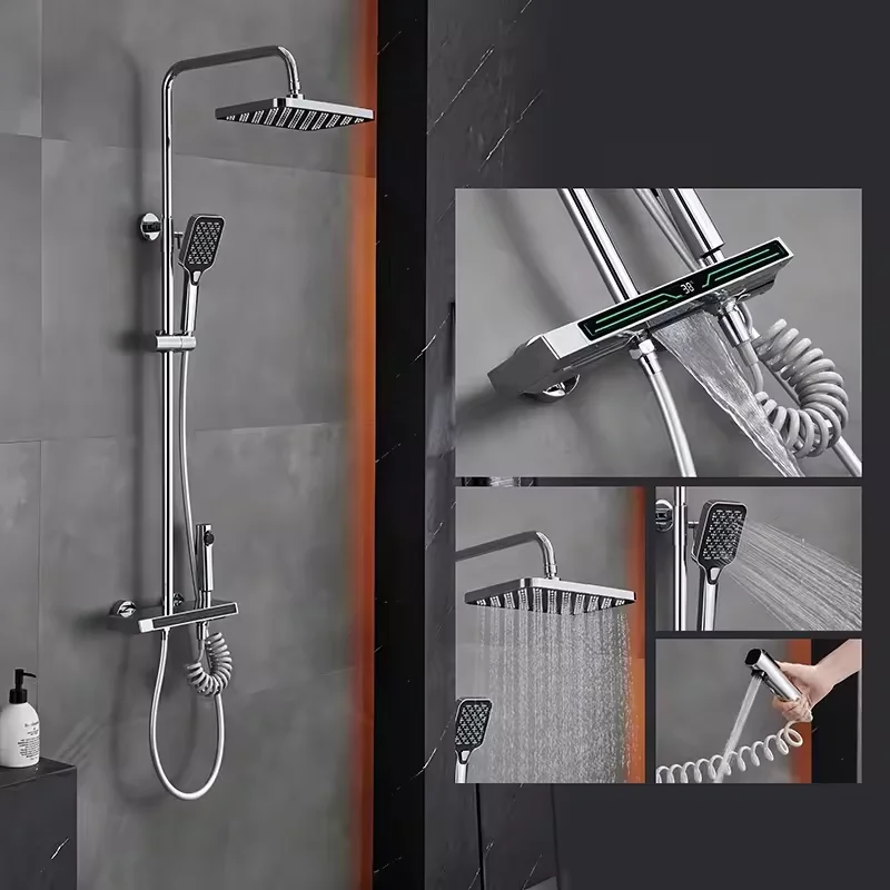 Popular digital temperture display Wall Mounted thermostatic shower sets Round Handle With Spray Gun